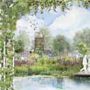 CGI image of the new garden featuring a pond