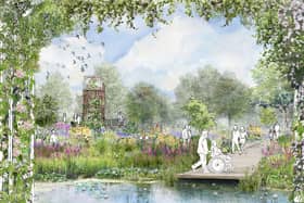 CGI image of the new garden featuring a pond