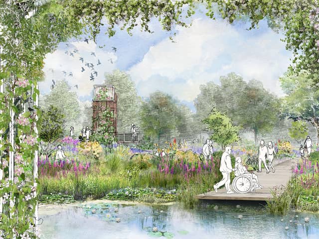 CGI image of the new garden featuring a pond