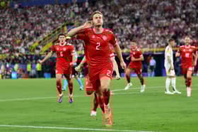 Joachim Andersen celebrates what would soon be a disallowed goal in Euros 2024 last 16 round against Germany