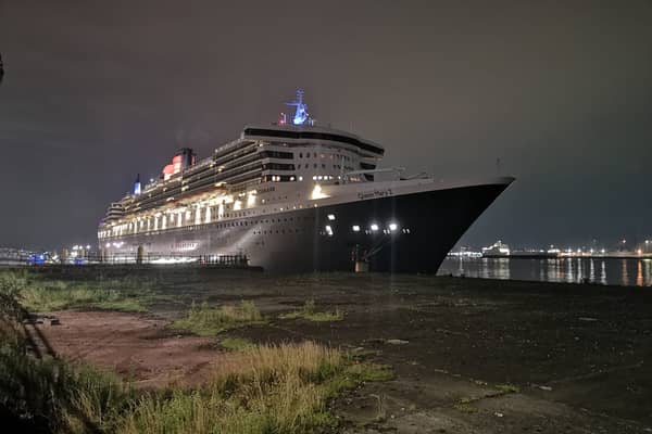 Cunard’s flagship ocean liner Queen Mary 2 docked in Liverpool.
