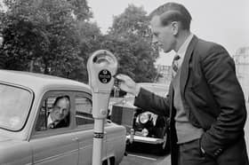 The first parking meter in Mayfair, London in the 1950s