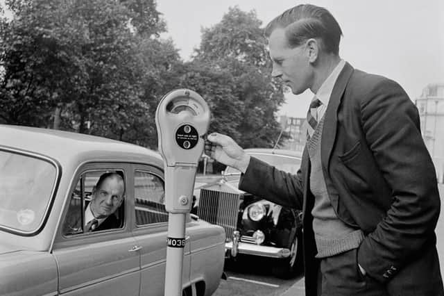 The first parking meter in Mayfair, London in the 1950s