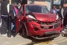 Red Nissan Juke which crashed into a Lidl store on Church St, Croydon, at around 15:00 on September 13, 2024. 
