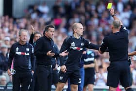 Fulham boss Marco Silva is shown a yellow card against West Ham.