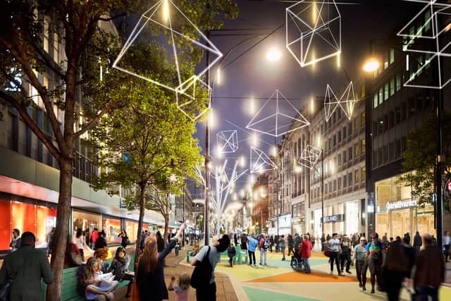 Image of a pedestrianised Oxford Street at night