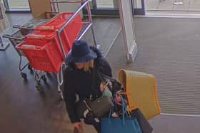 Footage of Tanya Liddle using a hat as disguise in one of her shoplifting ploys