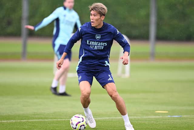 Arsenal's Tomiyasu during pre-season training as he recovers from knee surgery