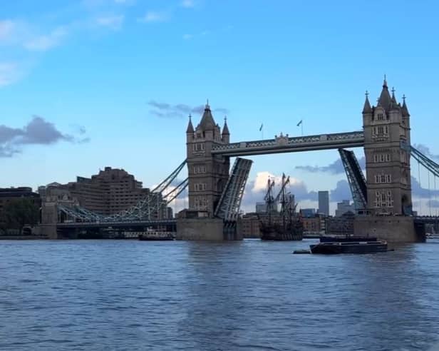Watch our video to see the spectacular replica ship pass through Tower Bridge and along The Thames