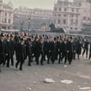 Met police officers during the Poll Tax riot in Trafalgar Square in 1990