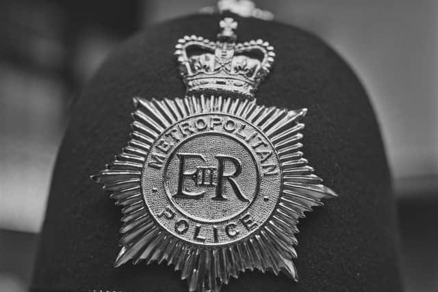The new badge worn on the helmet of the Metropolitan Police in London, UK, 10th March 1965.