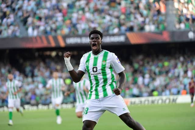 Assane Diao in action, celebrating his team's first goal in 2023/24 Europa League competition