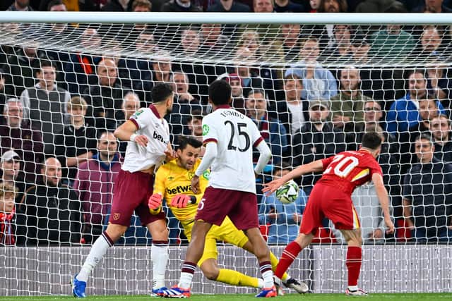 Diogo Jota scores for Liverpool against West Ham.