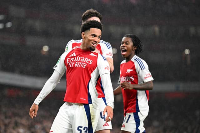 Arsenal's rising star Ethan Nwaneri celebrates his second goal against Bolton