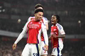 Arsenal's star man Ethan Nwaneri celebrates his second goal against Bolton