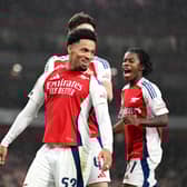 Arsenal's star man Ethan Nwaneri celebrates his second goal against Bolton