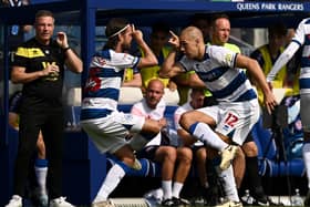 Michael Frey celebrates scoring against Millwall.
