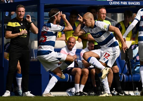 Michael Frey celebrates scoring against Millwall.