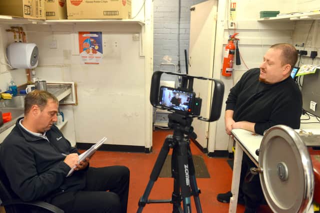 Martin Passmoor being interviewed by Echo reporter Neil Fatkin.