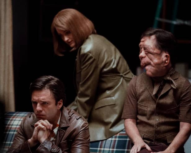 [L-R] Sebastian Stan, Renate Reinsve and Adam Pearson in A24's latest film, A Different Man