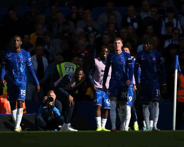 The Chelsea squad without a front-of-shirt sponsor during their 4-2 win over Brighton