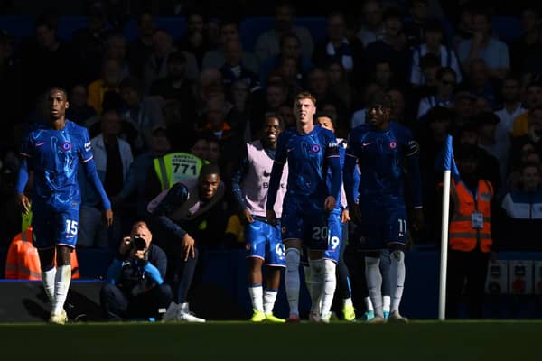 The Chelsea squad without a front-of-shirt sponsor during their 4-2 win over Brighton