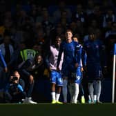 The Chelsea squad without a front-of-shirt sponsor during their 4-2 win over Brighton
