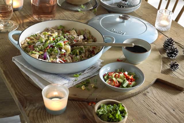 Denby shallow casserole dish in Pavilion Blue colour