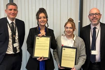 Pictured from left to right are DCI Andy Knowles, Alicia Richards, Molly Bulmer and DC Tom Ryan, as Alicia and Molly received their bravery awards. Photo: South Yorkshire Police