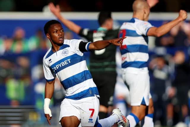 Kader Dembele celebrates scoring his team's opening goal against Pompey