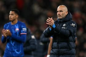 Chelsea's Italian head coach Enzo Maresca applauds the fans following the English Premier League football match between Liverpool and Chelsea at Anfield in Liverpool