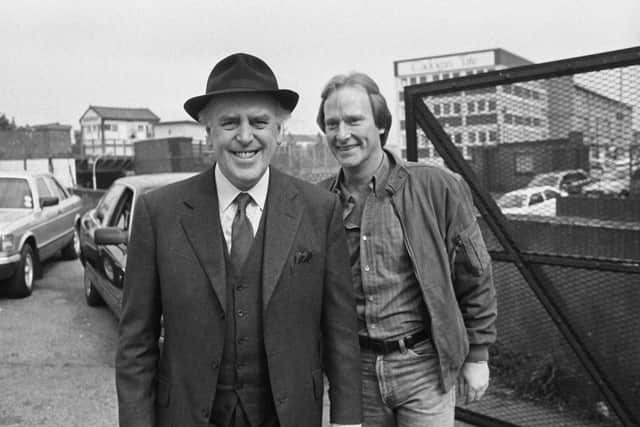George Cole pictured as Arthur Daley with Dennis Waterman as Terry McCann, in a scene from the ITV drama Minder, 26th May 1988.