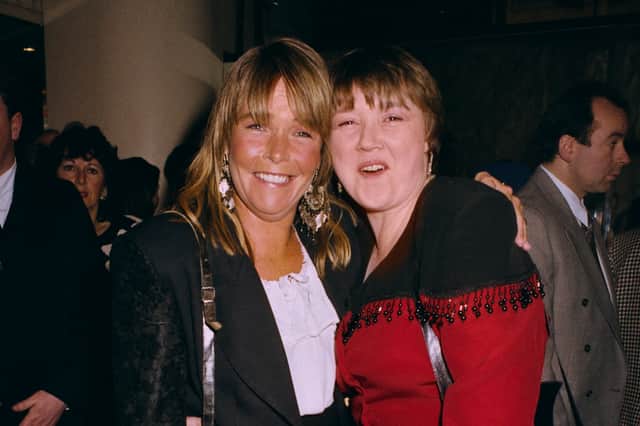 English actresses Linda Robson (left) and Pauline Quirke at an event in London, 1991.