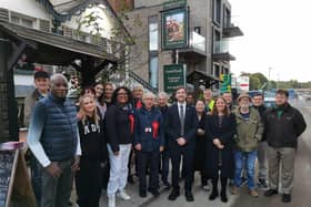 Dan Tomlinson MP with punters and councillors outside the Builders Arms in New Barnet