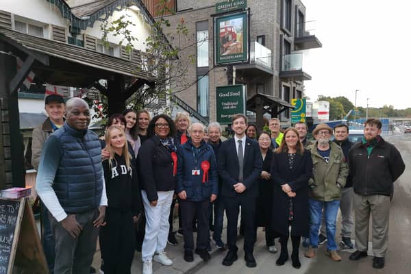 Dan Tomlinson MP with punters and councillors outside the Builders Arms in New Barnet