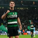 LISBON, PORTUGAL - NOVEMBER 5: Viktor Gyokeres of Sporting CP celebrates after scoring a goal during the UEFA Champions League 2024/25 League Phase MD4 match between Sporting CP and Manchester City at Estadio Jose Alvalade on November 5, 2024 in Lisbon, Portugal.  (Photo by Gualter Fatia/Getty Images)