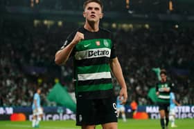 LISBON, PORTUGAL - NOVEMBER 5: Viktor Gyokeres of Sporting CP celebrates after scoring a goal during the UEFA Champions League 2024/25 League Phase MD4 match between Sporting CP and Manchester City at Estadio Jose Alvalade on November 5, 2024 in Lisbon, Portugal.  (Photo by Gualter Fatia/Getty Images)