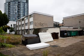 Fly tipping outside Woburn and Bedford Court which are set to be demolished to make way for new homes