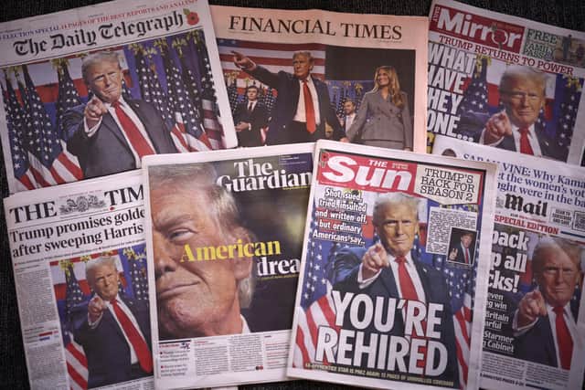 A picture taken in London on November 7, 2024 shows the front pages of some of Britain's national newspapers about the re-election of US President-elect Donald Trump.