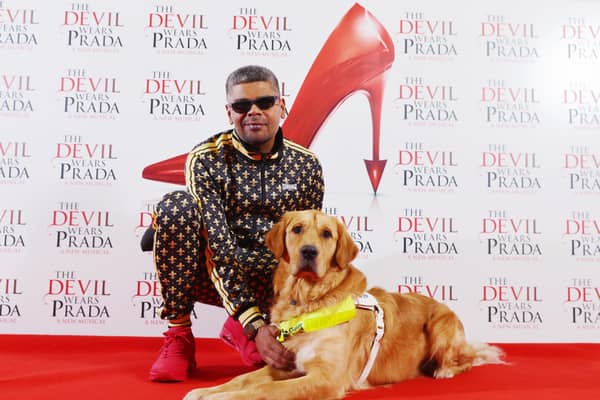 Bill with his Guide Dog handler Mohammed Ibrahim on the red carpet of The Devil Wears Prada at Dominion Theatre