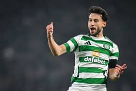 Celtic midfielder Nicolas Kuhn celebrates after scoring his team first goal against RB Leipzig