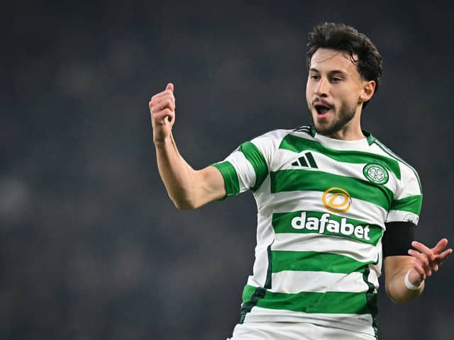 Celtic midfielder Nicolas Kuhn celebrates after scoring his team first goal against RB Leipzig