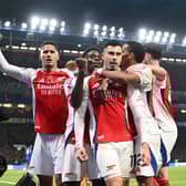 Gabriel Martinelli celebrates scoring against Chelsea.