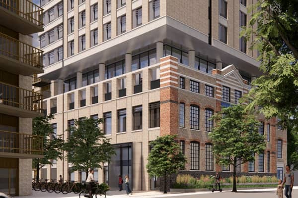 An artist's impression shows how the retained section of Scott House will look like with the tower block on top