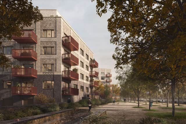 How the development at Rotherhithe’s former gasworks could appear looking North West from Deal Porters Walk