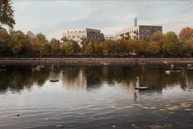 How the new homes at Rotherhithe’s former gasworks could appear, looking South West from Surrey Water