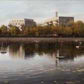 How the new homes at Rotherhithe’s former gasworks could appear, looking South West from Surrey Water
