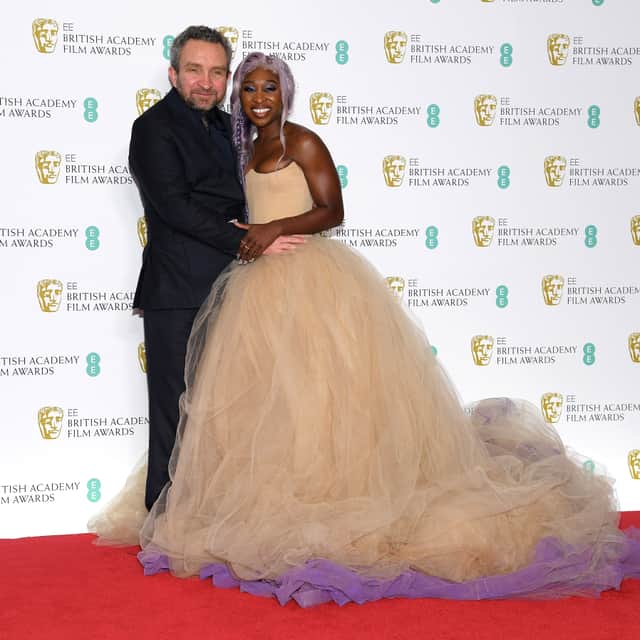 Eddie Marsan (L) and Cynthia Erivo pose in the press room during the EE British Academy Film Awards at Royal Albert Hall on February 10, 2019 in London