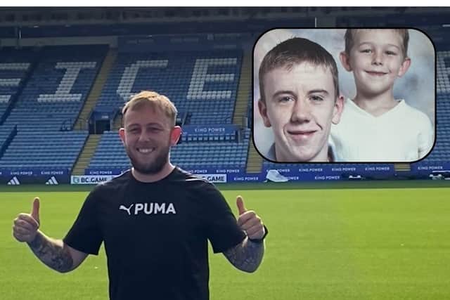 Matthew posing for a picture in a Premier League stadium and a smaller photo of him as a child with his big brother Dan.
