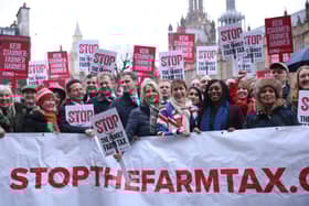 Conservative Party Leader Kemi Badenoch (front 2nd R) is joined by MPs Mel Stride, Chris Philp, Esther McVey, Claire Coutinho, Victoria Atkins, Andrew Griffith, and Priti Patel as they take part in the farmers rally on 19 November 2024 in London (Photo: Dan Kitwood/Getty Images)